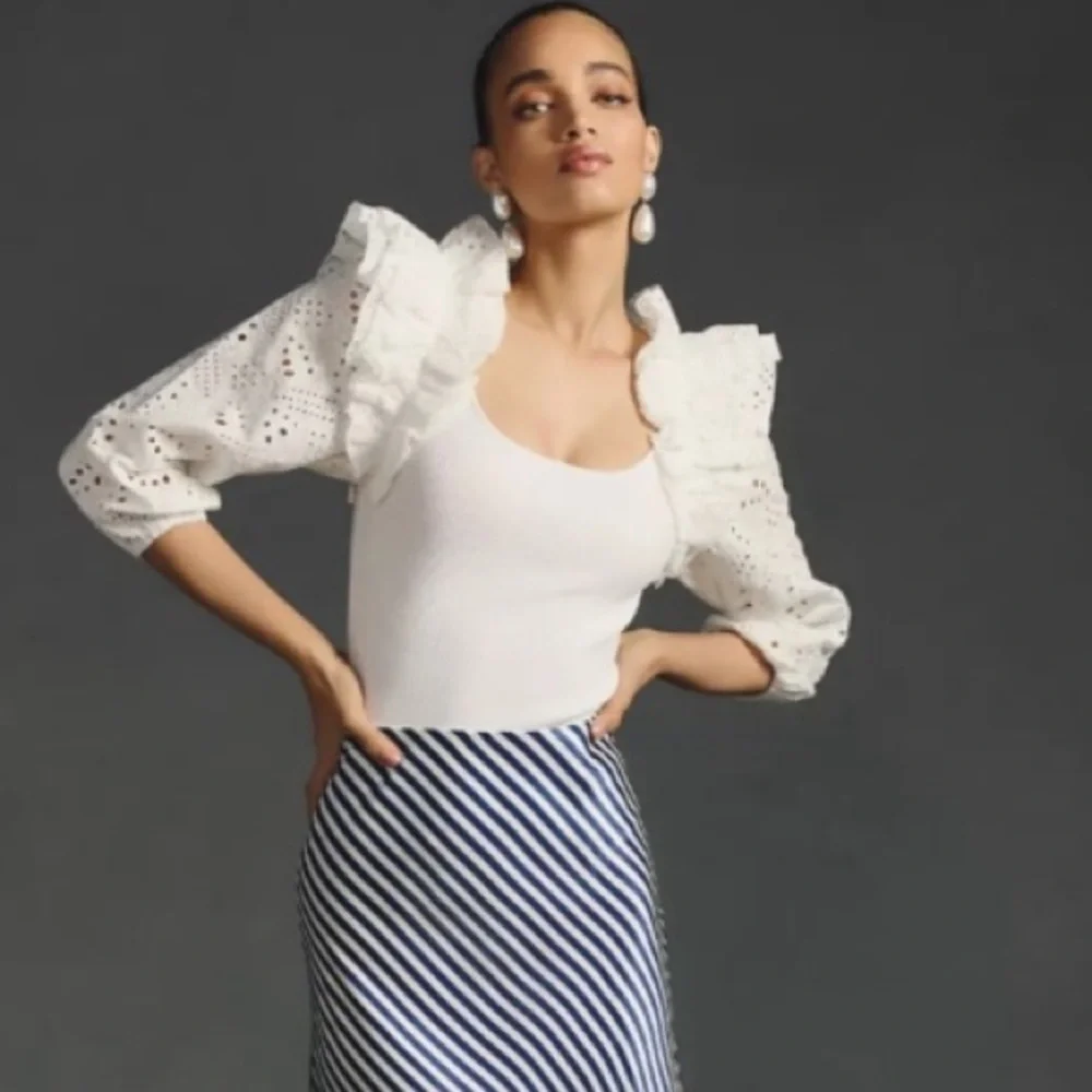 NWT Dolan Left Coast White Eyelet Ruffle Sleeve Sweater Blouse. Size S. Anthro. - Picture 1 of 10